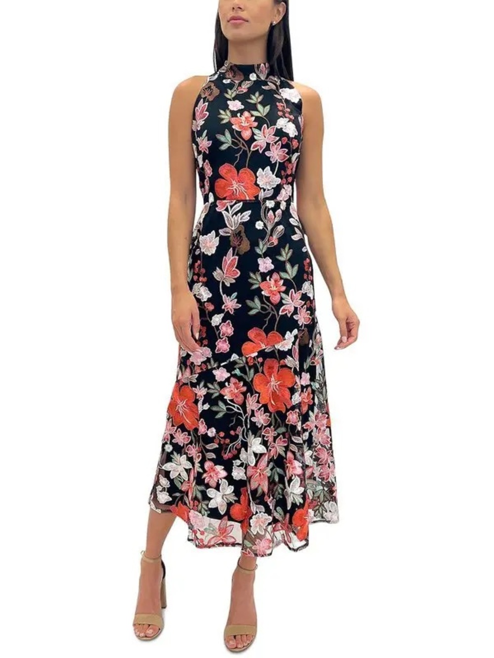 Sam Edelman High-Neck Floral Midi Dress in Black with Pink & Red Blooms NWOT